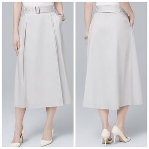 White House Black Market Gray Pleated Faux-Wrap Midi Skirt belted size 2